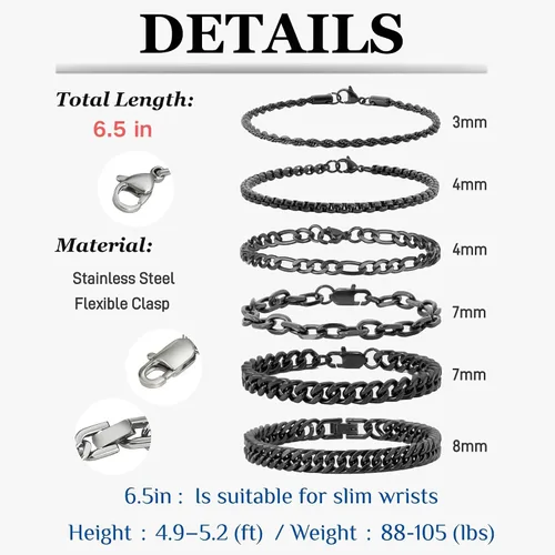 Vista 4 de XIANNVXI Juego de 6 pulseras de acero inoxidable para hombre y mujer, color plateado/dorado/negro, pulseras de eslabones cubanos, estilo soga