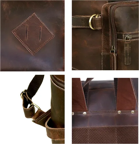 Vista 7 de HLC Mochila de cuero genuino para computadora portátil para hombres y mujeres, mochila genuina de gran capacidad, para negocios, retro, viajes