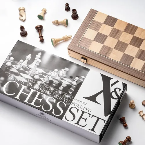 Vista 4 de A&A Juego de ajedrez magnético de madera plegable de 15 pulgadas con piezas de ajedrez Staunton de altura King de 3 pulgadas, caja de pino con Claro