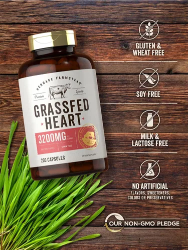 Vista 4 de Carlyle Herbage Farmstead - Suplemento de corazón de carne de res alimentada con pasto 3200 mg 200 unidades Cápsulas bovinas criadas en pasto