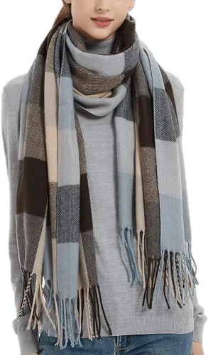 Vista 22 de Wander Agio Chal Largo de Moda para Mujer con Cuadrícula Grande, Bufanda Grande Cálida de Rejilla para Invierno Beige