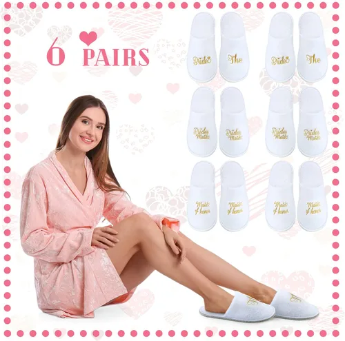 Vista 5 de Zhanmai Juego de 6 pares de pantuflas de boda para dama de honor, juego de 6 pantuflas de fiesta nupcial, sandalias de honor para novia, regalos