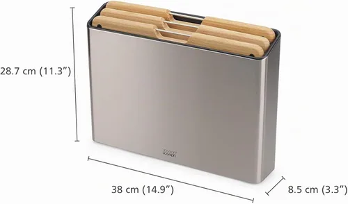 Vista 5 de Joseph Joseph Folio Premium - Juego de tablas de cortar de bambú de 3 piezas, funda delgada de acero inoxidable para almacenamiento organizado