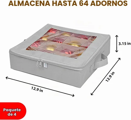 Vista 4 de ProPik 4 cajas de almacenamiento de adornos navideños con divisores, cierre de cremallera superior transparente, 4 bandejas individuales para Gris