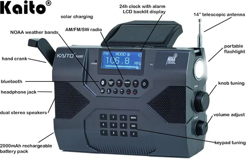 Vista 2 de Kaito Radio de Emergencia Voyager Max KA900 Dínamo Digital Solar, a Manivela, a Cuerda, AM/FM/SW y NOAA, Receptor de Radio Estéreo del Tiempo