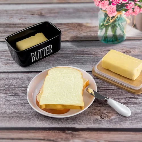 Vista 3 de Hasense Mantequillera de porcelana con tapa de bambú – Mantequera cubierta con cuchillo de mantequilla para encimera, recipiente hermético