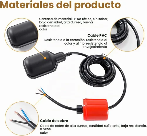 Vista 3 de Interruptor de flotador (sin enchufe), controlador automático de nivel de agua impermeable IP68, contrapeso ajustable, cable de cobre de 0.75 mm²