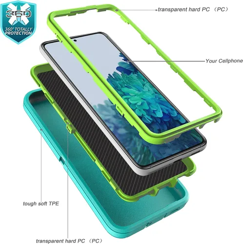 Vista 5 de Funda resistente 3 en 1 para Galaxy S21 (no para S21 Plus), con película de TPU flexible y película de lente de cámara, paquete de 2 fundas