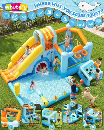 Vista 2 de Toboganes acuáticos inflables 24 en 1 con diseño de cueva de tiburón de unicornio, casa de rebote para patio trasero de niños con soplador, piscina