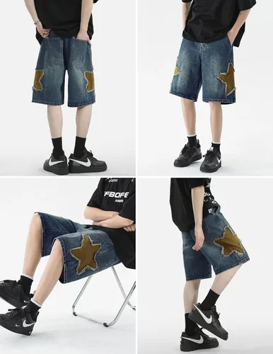Vista 2 de Vamtac Pantalones cortos de mezclilla para hombre, diseño de retazos de estrellas, tiro medio, casual, holgado, para verano, pantalones de mezclilla