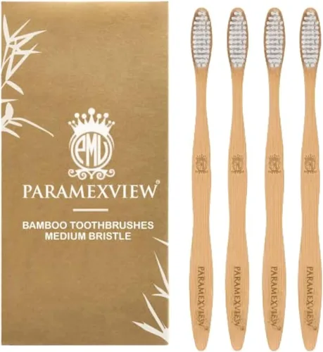 Vista 6 de Juego de 4 cepillos de dientes de bambú natural, cerdas medianas sin BPA, ecológicos, mango biodegradable, infusión de carbón y base orgánica