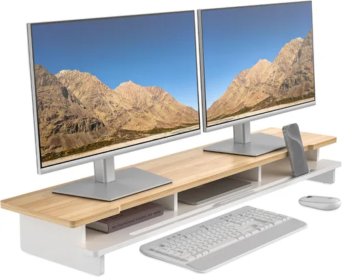 Vista 9 de Soporte elevador de monitor para escritorio, estante de escritorio de madera, organizador de almacenamiento con soporte para teléfono y tableta