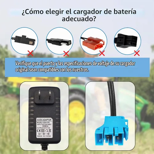 Vista 4 de Cargador de 12 V para batería de tractor Peg Perego John Deere, cargador de batería de 12 voltios para tractor John Deere Ground Force, John Deere
