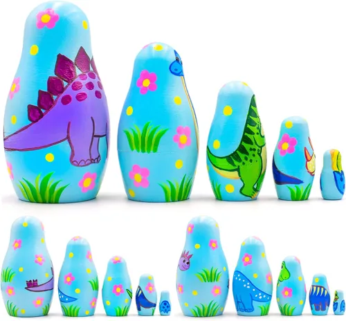 Vista 2 de AEVVV Juego de 5 muñecas anidables de dinosaurio, muñecas rusas de dinosaurio, figuras de dinosaurio de madera