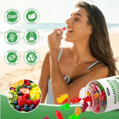 Vista 7 de Gomitas de complejo de magnesio 8 elementales de 1000 mg – glicinato de magnesio, citrato, malato, taurato, apoya los huesos, los músculos, la salud