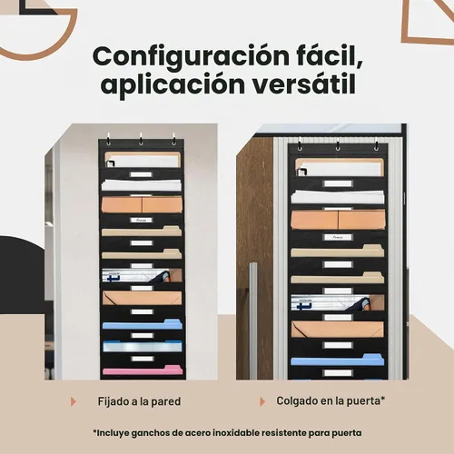 Vista 5 de Hippo Creation - Tabla con compartimentos negra, arcoiris de 10 compartimentos, 3 colgadores incluidos, organizador de pared colgante para carpetas