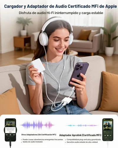 Vista 7 de Apple MFi Certificado - Adaptador 2 en 1 Lightning a conector de auriculares de 3.5mm, cargador rápido y divisor de audio auxiliar dongle