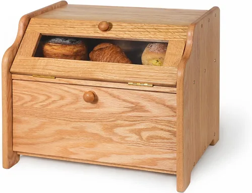 Vista 8 de CONSDAN Panera de madera maciza de roble para encimera de cocina, contenedor de pan de doble capa para almacenamiento de pan, caja de pan de gran