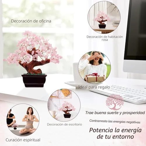 Vista 5 de Parma77 Feng Shui - Árbol de dinero de cristal de cuarzo rosa natural, árboles de cristal curativo, decoración estilo bonsái para riqueza y suerte