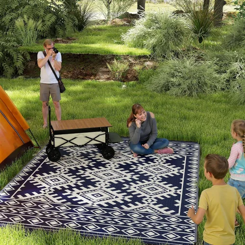 Vista 21 de Outsunny Alfombra de exterior para patio impermeable 9' x 18' rombo negro y Borde rombo negro y gris