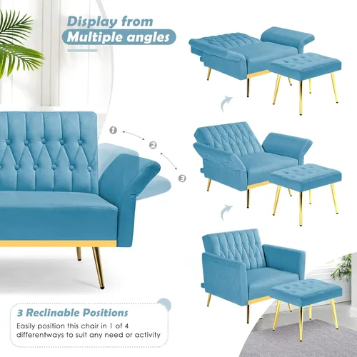 Vista 4 de Silla decorativa de terciopelo con respaldo y reposabrazos ajustables, sillón reclinable individual con otomana y patas mentales doradas para sala