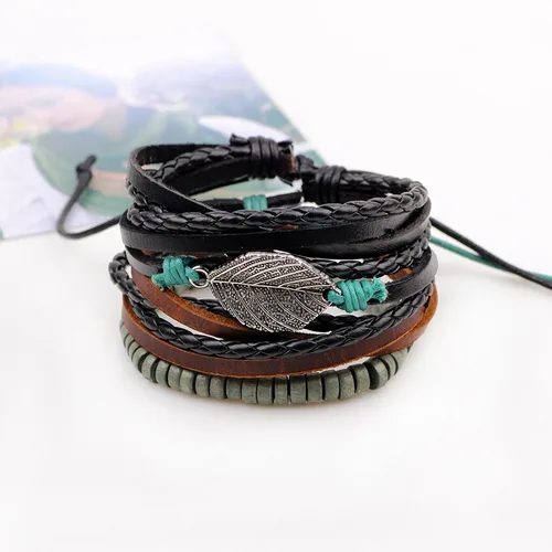 Vista 3 de Long tiantian Pulsera de cuero para hombres y mujeres, pulseras étnicas tribales, pulseras de cuero, ajustables, hechas a mano, cuerda trenzada