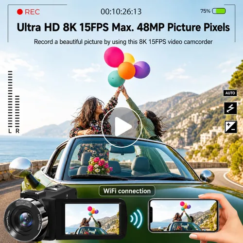 Vista 2 de Videocámara, videocámara 8K de 48 MP 15FPS UHD con Wi-Fi, cámara para vlogging con visión nocturna IR para YouTube, pantalla táctil de 3" con zoom