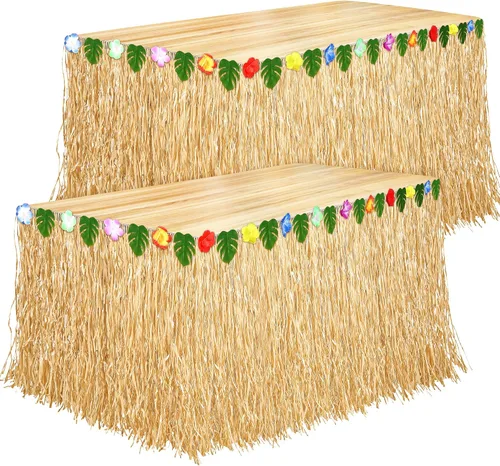 Vista 8 de Aodaer Paquete de 4 faldas hawaianas de mesa de hierba de 108 x 30 pulgadas, falda de mesa Luau con paja, decoración de fiesta temática hawaiana