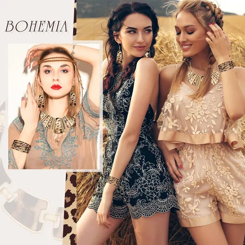 Vista 6 de Juego de 3 piezas de collar de leopardo, aretes, pulseras, joyería para mujer, con estampado de leopardo, bohemio, con cadena de babero, collar