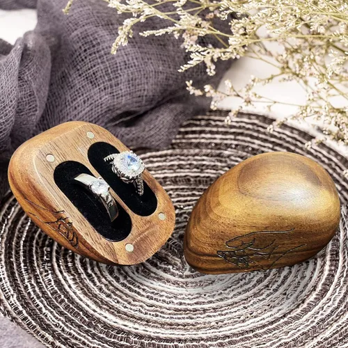 Vista 5 de Caja de madera para anillos para ceremonia de boda, caja de anillo en forma de corazón, caja de madera maciza con doble anillo, caja de anillo