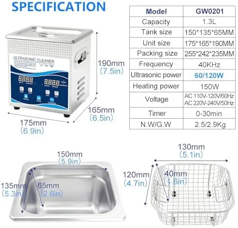 Vista 2 de Limpiador ultrasónico profesional de acero inoxidable de 1.3L con temporizador digital y calentador - Máquina de limpieza de joyas de alta