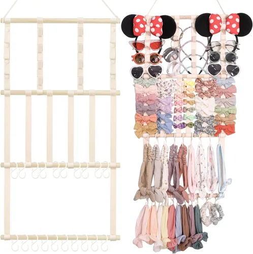 Vista 8 de POVETIRE Organizador de lazos para el pelo con soporte para diadema para niñas, organizador de almacenamiento para diademas y accesorios para bebé