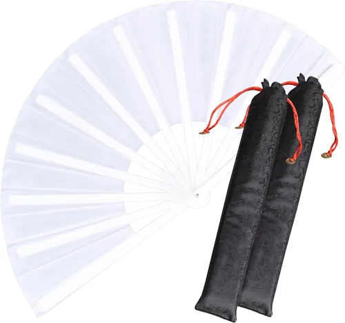 Vista 8 de Paquete de 2 ventiladores de mano plegables grandes, ventilador chino negro de Kung Fu Tai Chi, abanicos de tela de nailon para hombres y mujeres