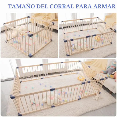 Vista 6 de Corralito de madera para bebés, parque infantil de madera maciza de 59 x 71 pulgadas, área de juego con valla para bebés con puerta de seguridad