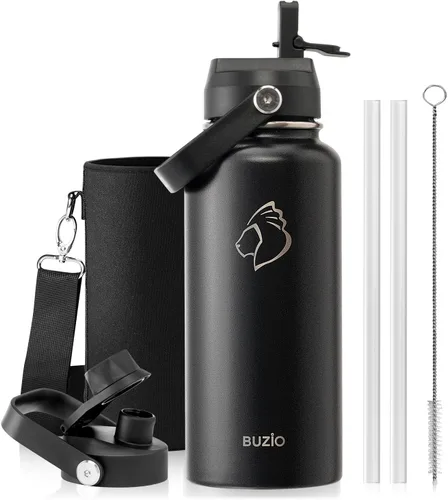 Vista 42 de BUZIO Botella de agua aislada de 24 oz, frasco de agua de boca ancha de acero inoxidable con tapa de pajita, frío durante 48 horas a prueba de Negro