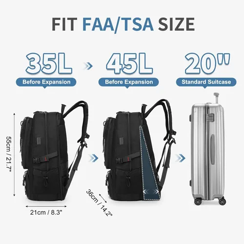 Vista 2 de Mochila de viaje de 45 litros aprobada por la TSA con compartimento para zapatos y separación en seco y húmedo, bolsa para laptop de 18.4 pulgadas