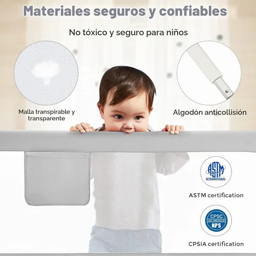 Vista 6 de BABY JOY Riel de cama para niños pequeños, 57 pulgadas, extra largo, altura ajustable, plegable, con bolsillo de almacenamiento y doble bloqueo