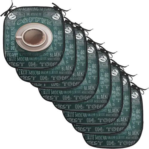 Vista 29 de Lunarable Cojín de asiento para silla de café, siluetas de taza de café expreso con frijoles fuente de cafeína, ilustración de bebidas gourmet