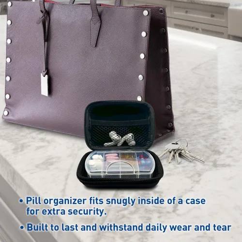 Vista 8 de EZY DOSE Pastillero de farmacia de bolsillo rígido, con bolsa con cremallera, diseño fácil de usar, portátil y perfecto para el uso diario, 8 Negro