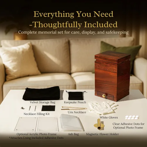 Vista 7 de Solid Wooden Urn for Adult Ashes 200 Cu in Cremation Urn with Magnetic Lid, Keepsake Drawer, Optional Photo Frame & Flower Holder Attachments