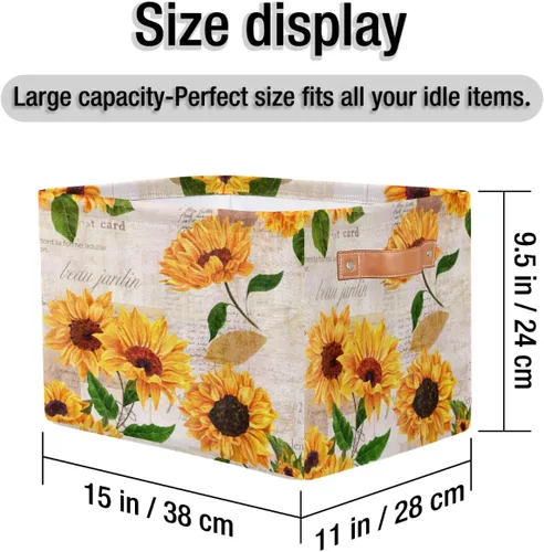 Vista 6 de Cesta de almacenamiento de flores y girasoles, organizador plegable grande para estantes, cubos de lona resistentes con asas para juguetes, armario