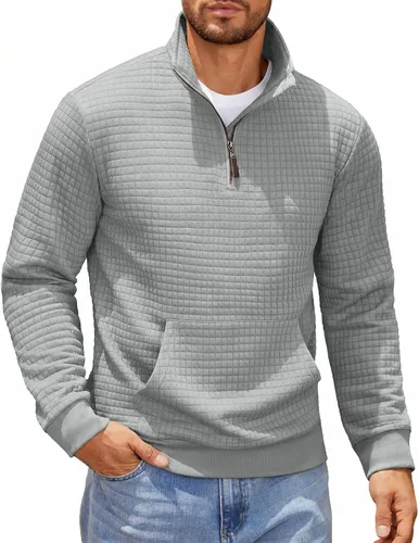 Vista 10 de COOFANDY - Sudadera con capucha para hombre, manga larga, con cremallera de un cuarto, estilo sarga casual, con bolsillo Verde militar