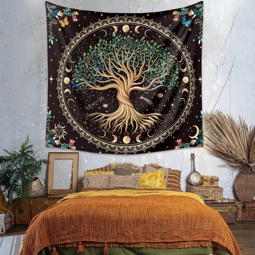Vista 2 de Tapiz de árbol de la vida de fase lunar, naturaleza, flores, plantas, mariposas, tapices bohemios, mandala espiritual, tapiz estético para colgar