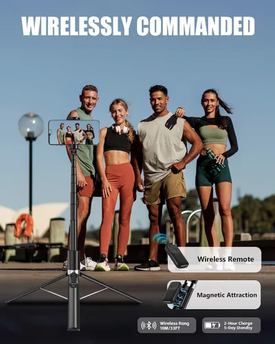 Vista 6 de Trípode automático para teléfono, 67 pulgadas de despliegue automático para selfie stick con control remoto, giratorio de 360°, extensible