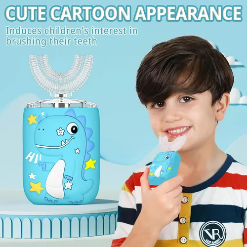Vista 3 de Cepillo de dientes eléctrico en forma de U para niños, dinosaurio sónico, de boca completa, con 4 cabezales de cepillo suave, automático, 6 modos