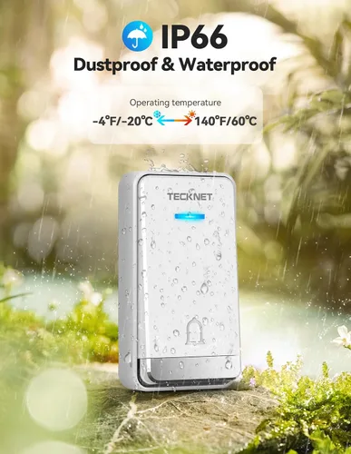 Vista 4 de TECKNET Timbre inalámbrico, timbre autoalimentado, timbre inalámbrico enchufable de 0 a 110 db para hogar, aula, IP66, impermeable, 1300 pies