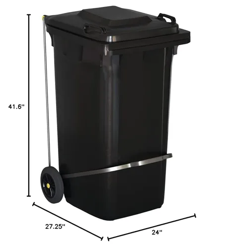 Vista 5 de Bote de basura rectangular con ruedas negras de 50 galones para exteriores con tapa y accesorio de paso, eliminación manos libres para uso comercial