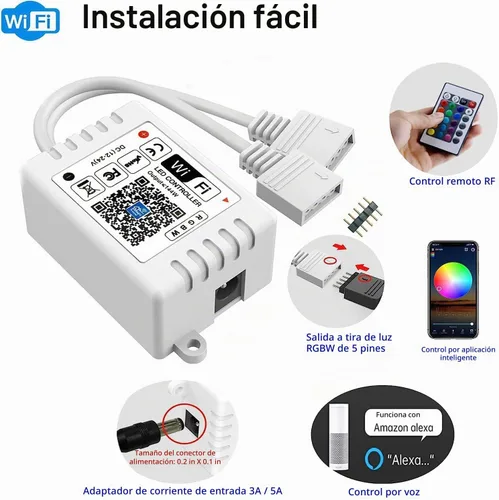 Vista 3 de GIDEALED Controlador LED inteligente WiFi RGBW de 2 salidas, 5 pines con control remoto de 24 teclas, compatible con Alexa y Google Assistant, tira