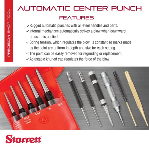 Vista 2 de Starrett 18A Perforadora para centro automática con trazo ajustable - 5" de longitud, 9/16" de diámetro de punzón, mango de acero estriado y liviano