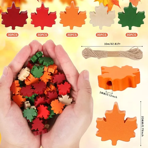 Vista 2 de Whaline 150 cuentas de madera de hoja de arce de otoño de Acción de Gracias, 5 colores, cuentas de madera rústicas de granja, cuentas de hojas